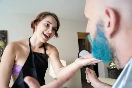 Sweet brunette Natalie Porkman sucks off a bald guy and then rides his dick