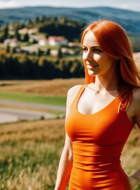 AI generovaná kráska Liza Hunswot se vysvlékne z úzkých šatů a pózuje nahá venku