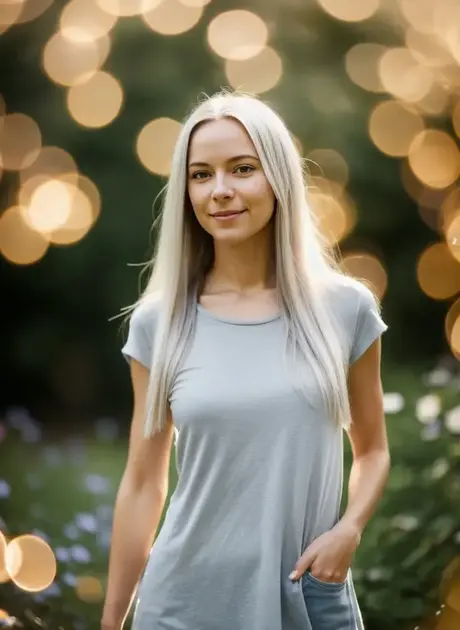 AI-generovaná blond kráska Lisa Faina předvádí svá drobná prsa venku