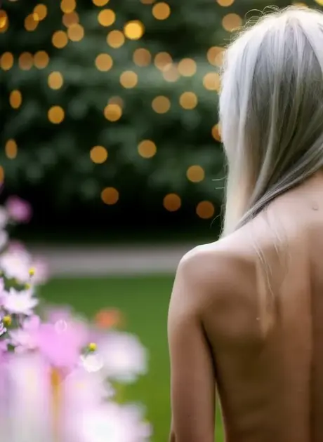 AI-generovaná blond kráska Lisa Faina předvádí svá drobná prsa venku