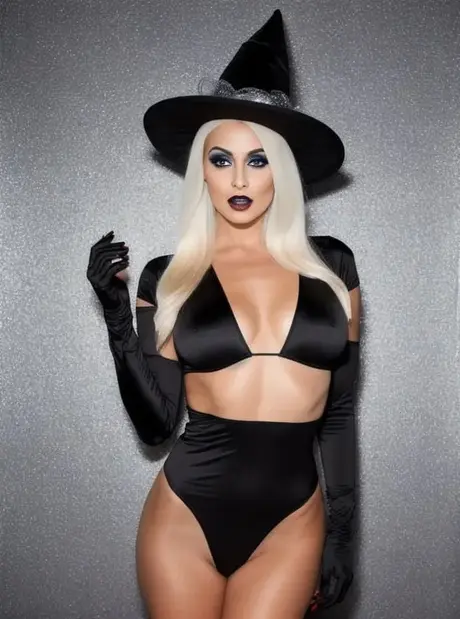 AI-generovaná blond kráska Sandra Wilkins ukazuje své úchvatné poprsí na Halloween