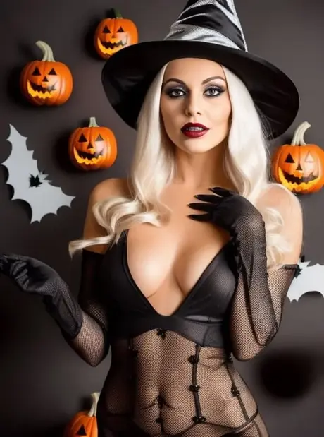 AI-generovaná blond kráska Sandra Wilkins ukazuje své úchvatné poprsí na Halloween