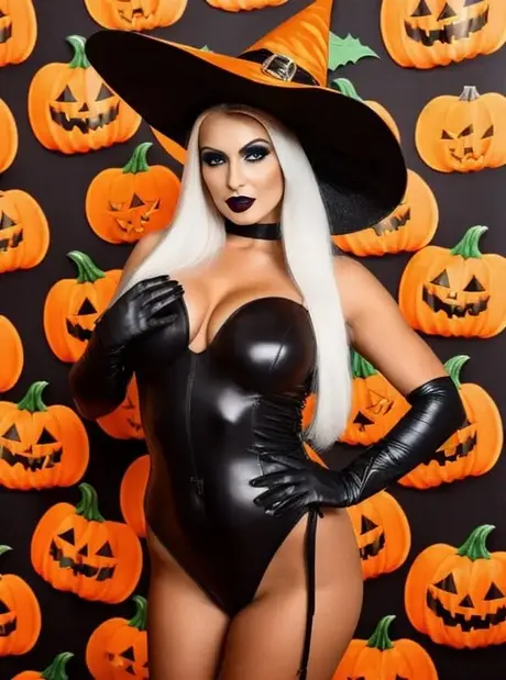 AI-generovaná blond kráska Sandra Wilkins ukazuje své úchvatné poprsí na Halloween