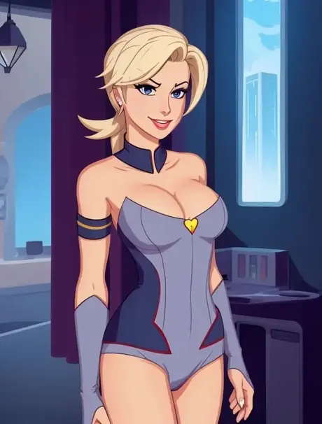AI-genererede blonde Mercy viser sine store bryster og bare fisse