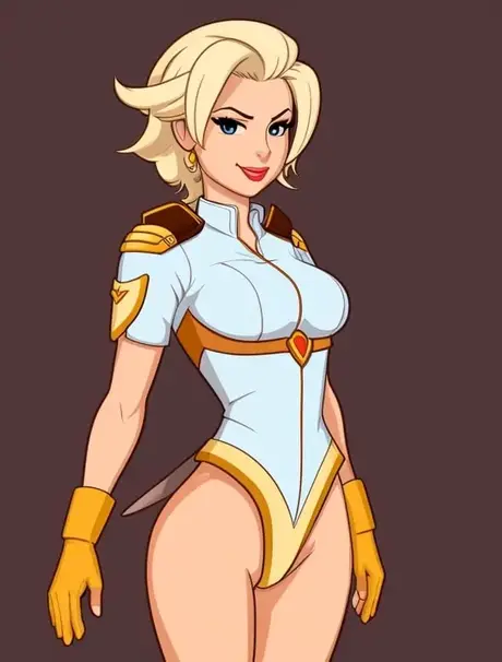 AI-genererede blonde Mercy viser sine store bryster og bare fisse
