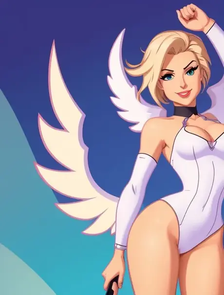 AI-genererede blonde Mercy viser sine store bryster og bare fisse