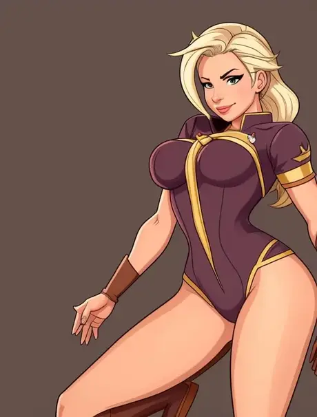 AI-genererede blonde Mercy viser sine store bryster og bare fisse