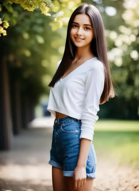AI generovaná brunetka Maria Hanna ukazuje svou postavu v pózování venku