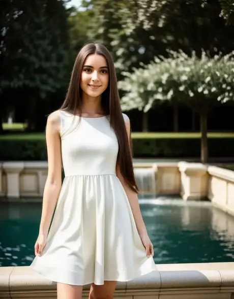 AI generovaná modelka Angel Anny si sundává bílé šaty a pózuje nahá venku