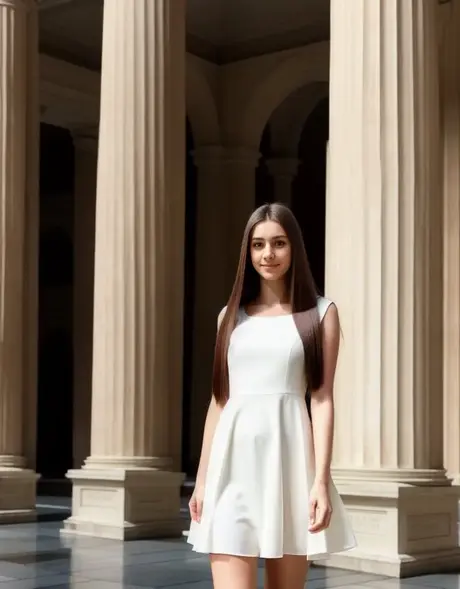 AI generovaná modelka Angel Anny si sundává bílé šaty a pózuje nahá venku