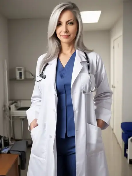 La doctora rubia platino Elisa Diclins, generada por AI, posa desnuda y con uniforme