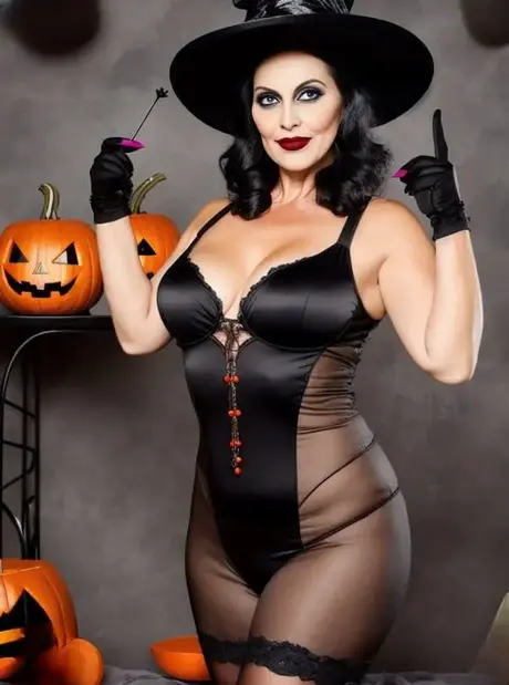 AI-genererte Sasha Lansday viser frem de store brystene sine i et fetisj-Halloweenkostyme