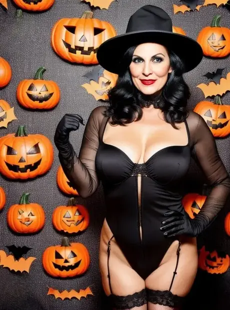 AI-generierte Sasha Lansday zeigt ihre großen Brüste in einem fetischistischen Halloween-Kostüm