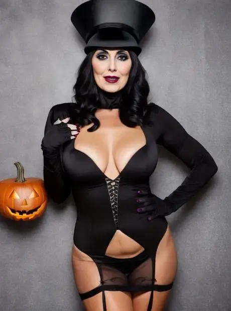 AI-genererte Sasha Lansday viser frem de store brystene sine i et fetisj-Halloweenkostyme