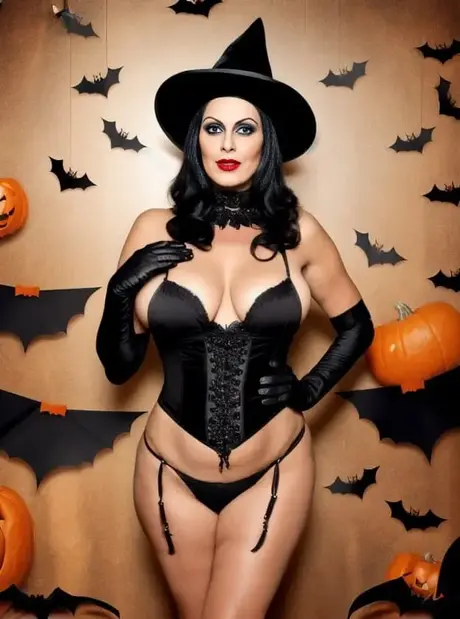 AI-genererte Sasha Lansday viser frem de store brystene sine i et fetisj-Halloweenkostyme