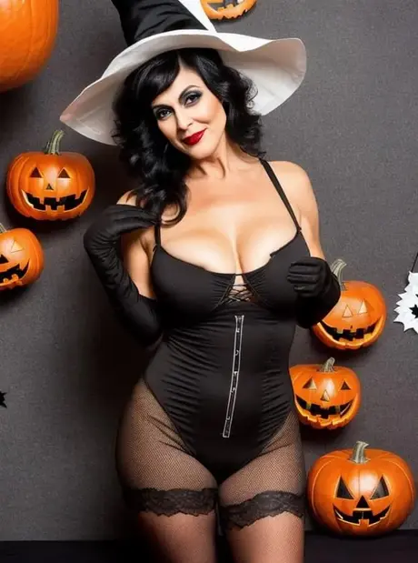 AI-genererte Sasha Lansday viser frem de store brystene sine i et fetisj-Halloweenkostyme