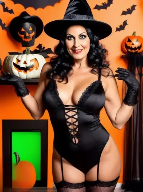AI-genererte Sasha Lansday viser frem de store brystene sine i et fetisj-Halloweenkostyme