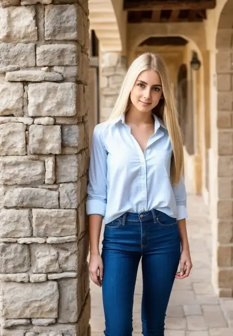 AI modelka Liliana Alpha, štíhlá a blond, pózuje nahá v evropském městě