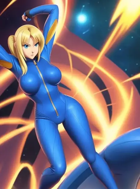 Blond hentai-pige Zero Suit Samus driller og poserer med sine store bryster