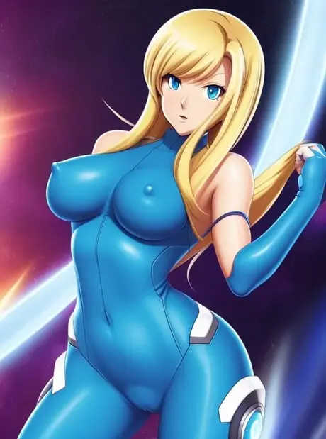 Blond hentai-pige Zero Suit Samus driller og poserer med sine store bryster
