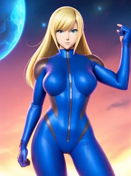 Blond hentai-pige Zero Suit Samus driller og poserer med sine store bryster