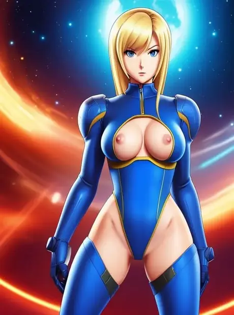 Blond hentai-pige Zero Suit Samus driller og poserer med sine store bryster