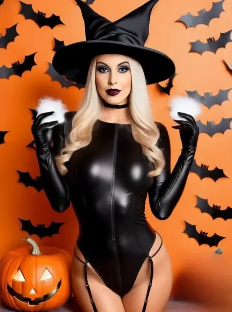 Blue-eyed blonde models a witch's hat and black gloves
