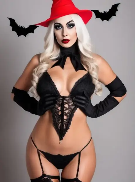 Blue-eyed blonde models a witch's hat and black gloves