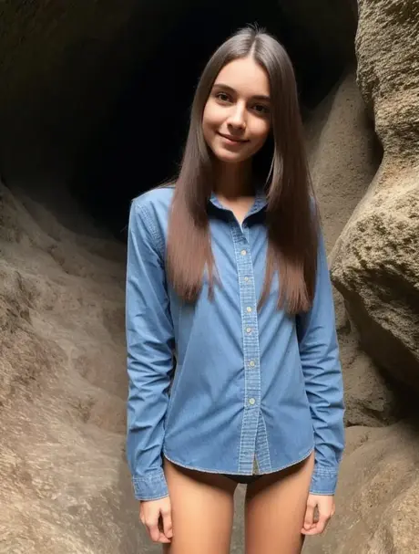 Brunetka Ash Baby si sundá košili a pózuje nahá v jeskyni