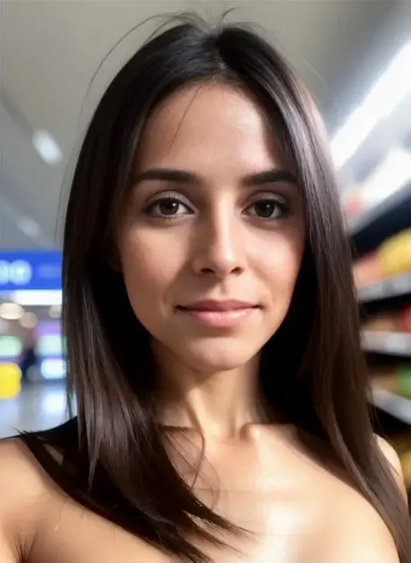 Hnědovlasá kráska Susan Beta odhaluje svá přirozená prsa při pózování v obchodě