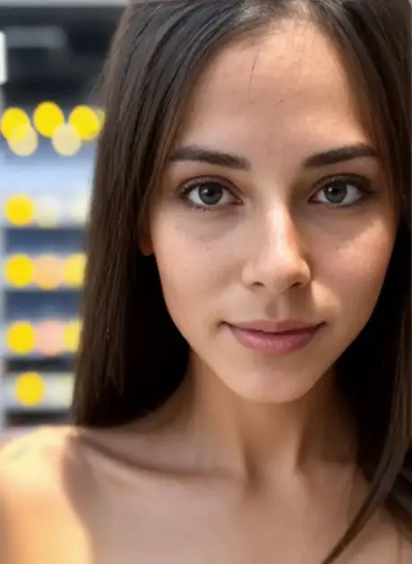 Hnědovlasá kráska Susan Beta odhaluje svá přirozená prsa při pózování v obchodě