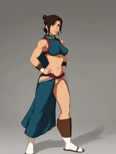 Chica anime Korra de pelo castaño y ojos azules provoca con su figura esbelta y gran busto