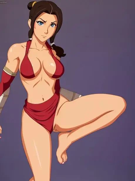 Chica anime Korra de pelo castaño y ojos azules provoca con su figura esbelta y gran busto