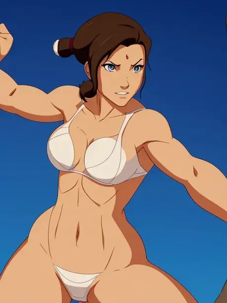 Chica anime Korra de pelo castaño y ojos azules provoca con su figura esbelta y gran busto