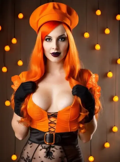 Prsatá AI-generovaná MILF Linda Lunswille předvádí svá velká prsa na Halloween