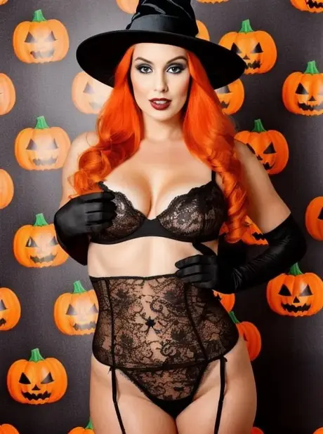 Prsatá AI-generovaná MILF Linda Lunswille předvádí svá velká prsa na Halloween