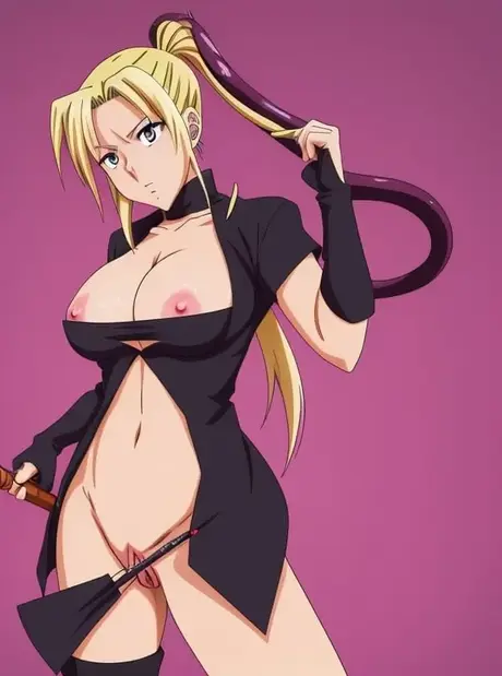 De voluptueuze blonde hentai-krijger Riza Hawkeye poseert naakt in een solovoorstelling