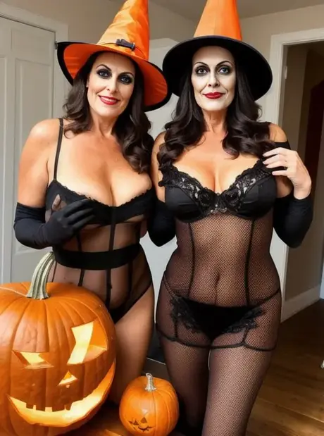 Claudia Lewis e le sue bellissime amiche posano alla festa di Halloween (generato da AI)