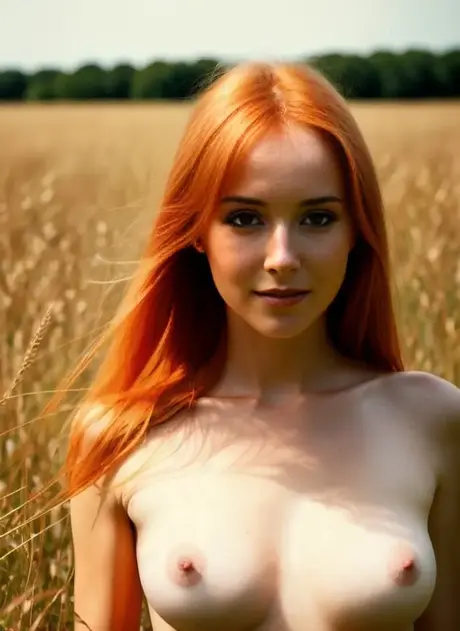 Glamour modelka vygenerovaná AI Liza Hunswot ukazuje svůj velký zadek a prsa na poli