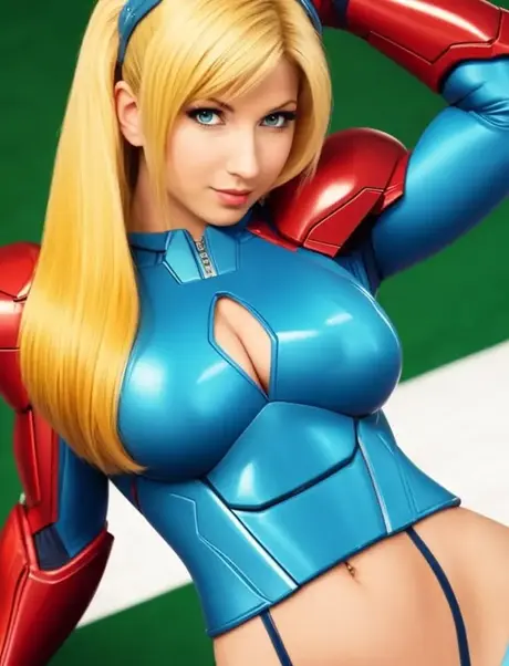 La hermosa belleza de anime Samus Aran revela sus grandes pechos en una exhibición en solitario