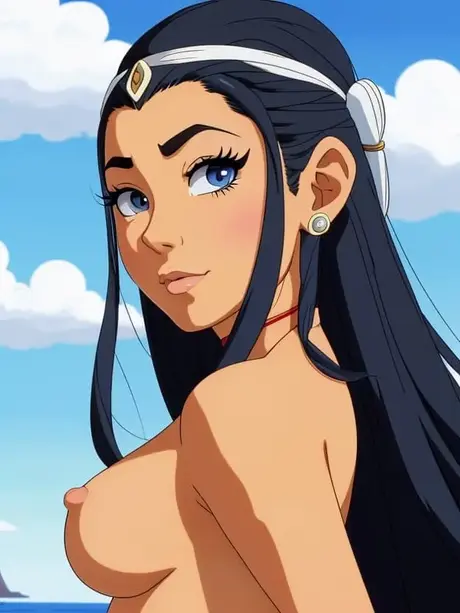Katara, a beleza anime de cabelos longos e olhos azuis, posa nua no mar
