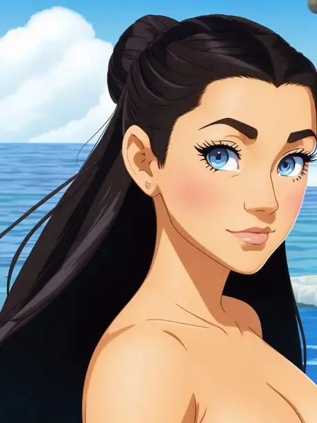 Katara, die langhaarige Anime-Schönheit mit blauen Augen, posiert nackt im Meer