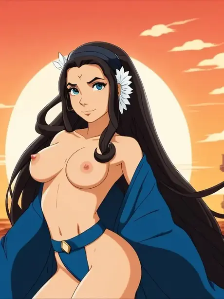 Katara, die langhaarige Anime-Schönheit mit blauen Augen, posiert nackt im Meer