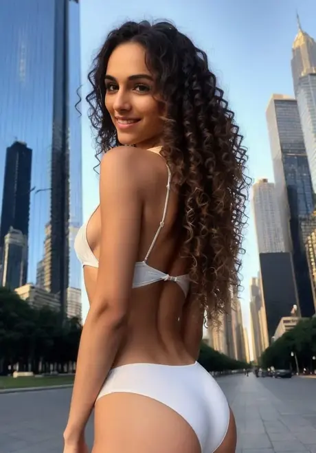 Miss Bundle, štíhlá ebenová kráska, se svléká a pózuje nahá na městské ulici
