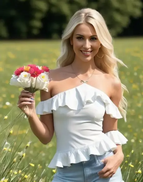 Nadya Hudsonが草原で服を脱ぎ、胸をさらけ出す