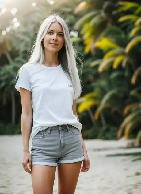 Petite AI-generated beauty Lisa Faina reveals her small breasts at the beach