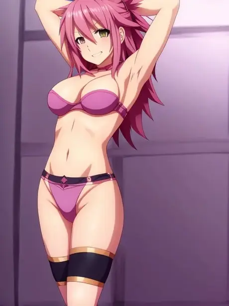 Pinkkihiuksinen anime-söpö Astolfo esittelee pyöreät rintansa