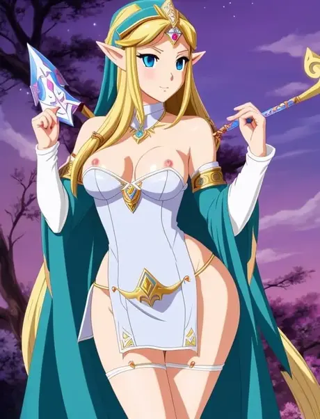 Prinses Zelda, de hentai-babe, pronkt met haar petite figuur en grote borsten
