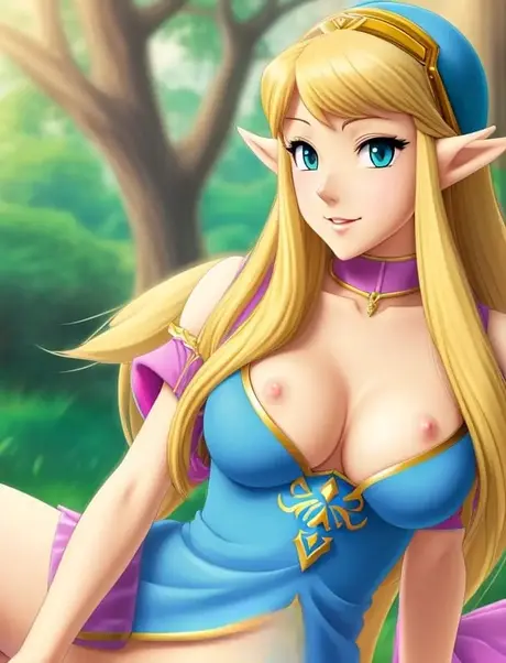 Prinses Zelda, de hentai-babe, pronkt met haar petite figuur en grote borsten