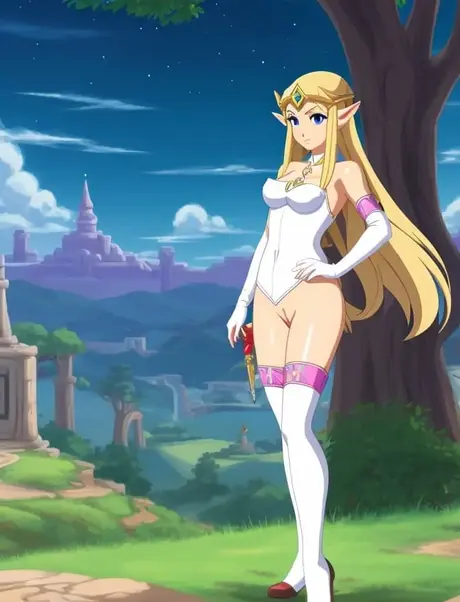 Prinses Zelda, de hentai-babe, pronkt met haar petite figuur en grote borsten